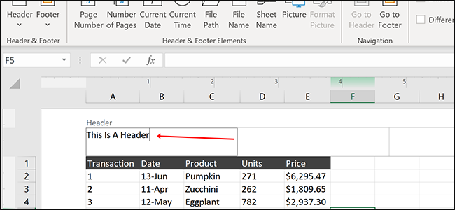 Typing a spreadsheet header in Excel