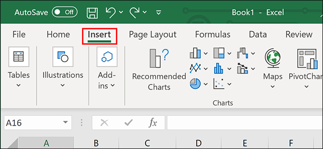 Clicking &quot;Insert&quot; on the Excel ribbon.