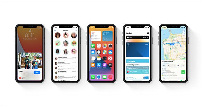 Five Apple iPhones running iOS 14