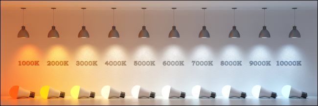A line of light bulbs showing light temperatures from 1,000-10,000 Kelvins.
