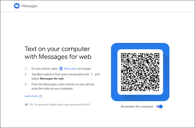 Scan QR code to link Android messages and Chromebook