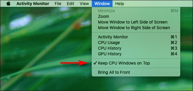 In Activity Monitor, select "Keep CPU Windows on Top" in the Window menu.