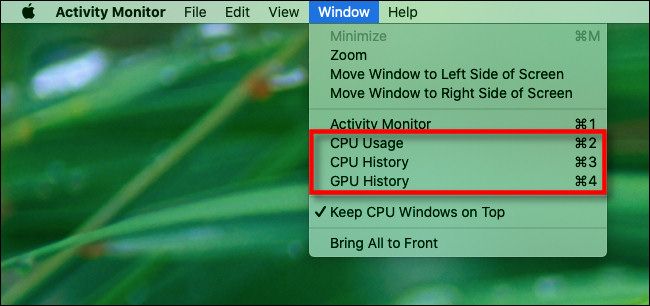 Options for Floating CPU and GPU performance panels in the Activity Monitor Window menu.