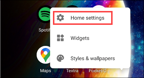 long press on pixel launcher home screen, select settings