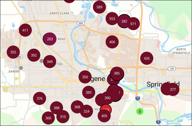 AQI measurements on a PurpleAir map for Eugene, OR.