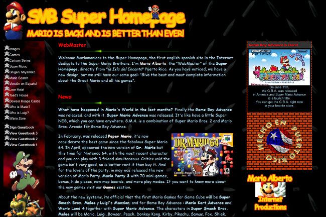 Super Mario Brothers Superpage on GeoCities Screenshot