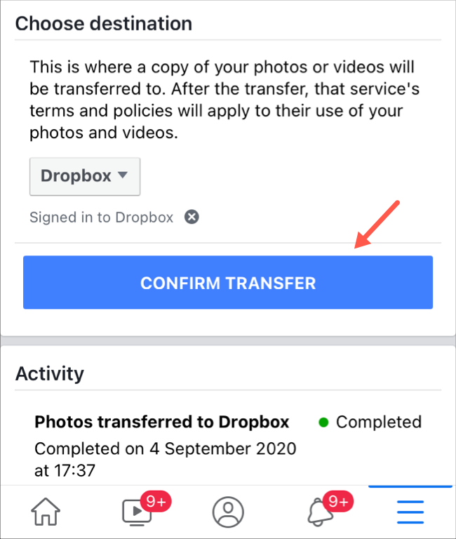 Start photos and videos transfer on Facebook app