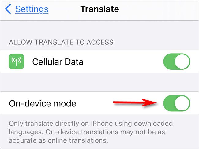 In Translation settings on iPhone, tap "On-device mode" to turn it on.