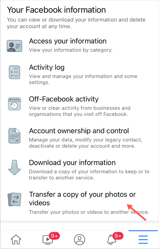 Select transfer photos and videos option on Facebook app