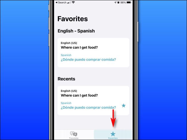 In Apple Translate on iPhone, tap the "Favorites" button.