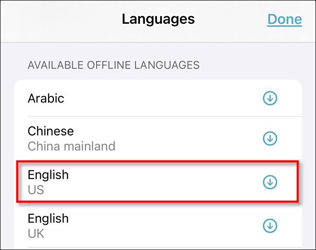 In the Apple Translate app, tap an "Available Offline Langauge" to download it.