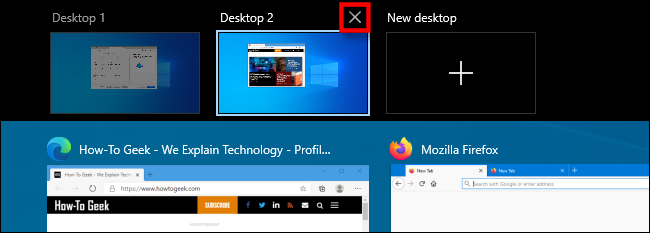 In Task View on Windows 10, press the "X" button above a virtual desktop thumbnail to close it.