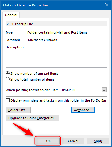 The &quot;OK&quot; button in the Outlook Data File Properties panel.
