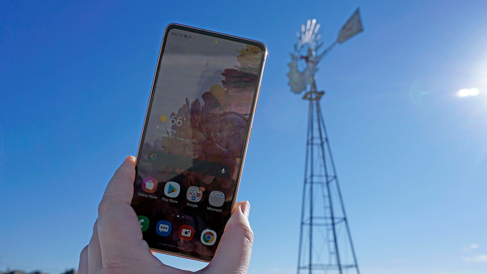Galaxy S20 Fan Edition, with windmill in the background