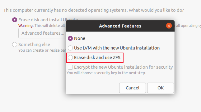 ZFS installation option in the Advanced Features dialog