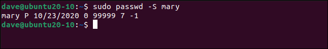 Output from sudo passwd -S mary in a terminal window