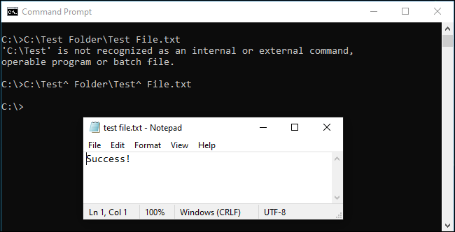 Caret space escaping working in the Command Prompt