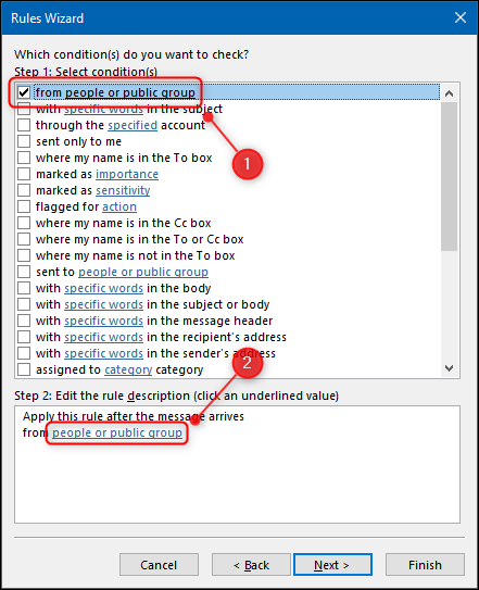 Select the &quot;From People or Public Group&quot; checkbox, and then click &quot;People or Public Group&quot; in the &quot;Rules Wizard.&quot;
