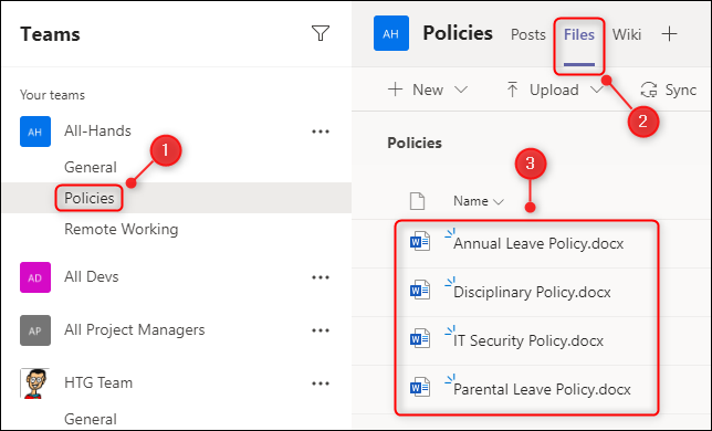 The &quot;Policies&quot; channel showing the &quot;Files&quot; tab and some files.