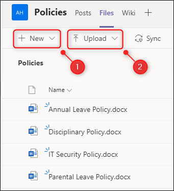 The &quot;New&quot; and &quot;Upload&quot; options in the &quot;Files&quot; tab.