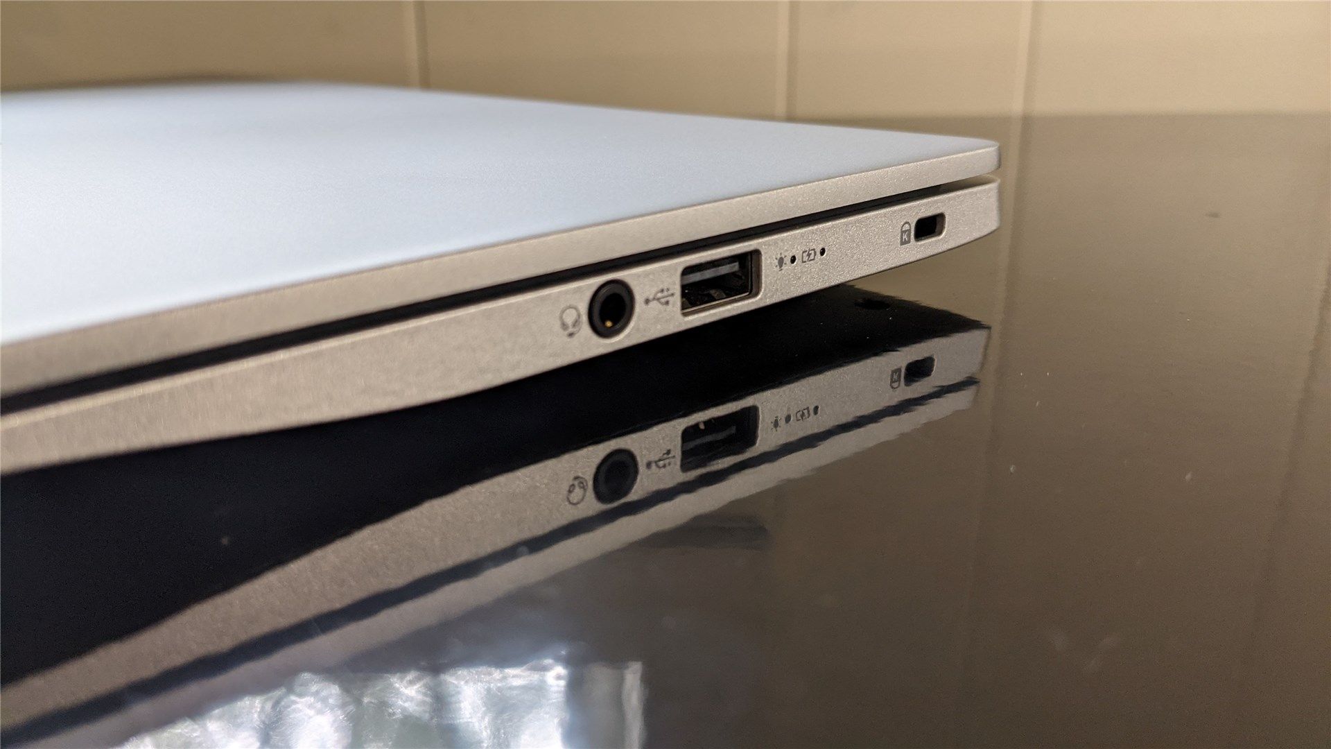 The ports on the right side of the Swift 3: headphone jack, usb-a 2.0, and Kensington lock