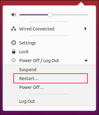 The &quot;Restart&quot; option in the System menu on GNOME 3.38.0.