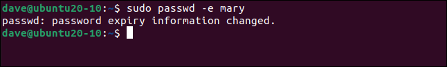 oUTPUT FROM sudo passwd -e mary in a terminal window