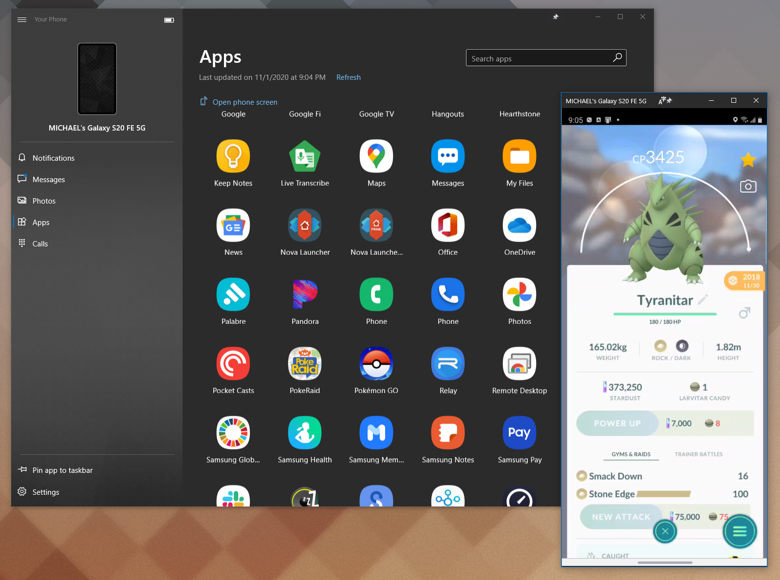 Microsoft Your Phone displaying Galaxy S20 FE screen on Windows