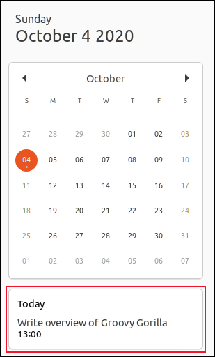 ubuntu 20.10 calendar tool with a calendar entry