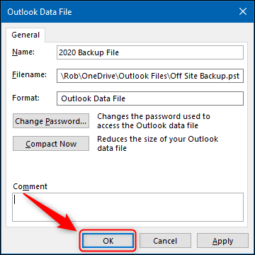 The &quot;OK&quot; button in the Outlook Data File Advanced panel.