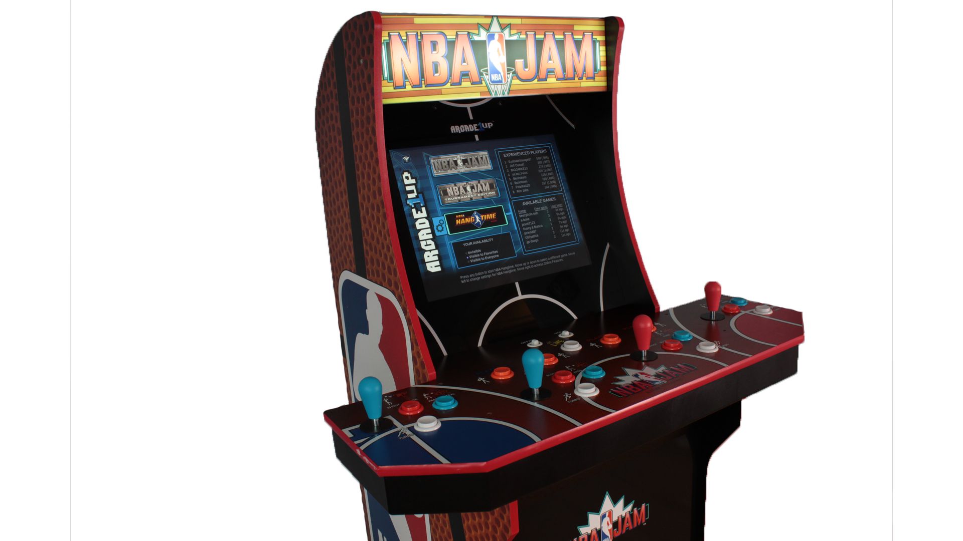 A closeup of the NBA Jam machine's marquee, lit up.