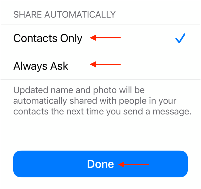 Choose Sharing Settings for iMessage Profile