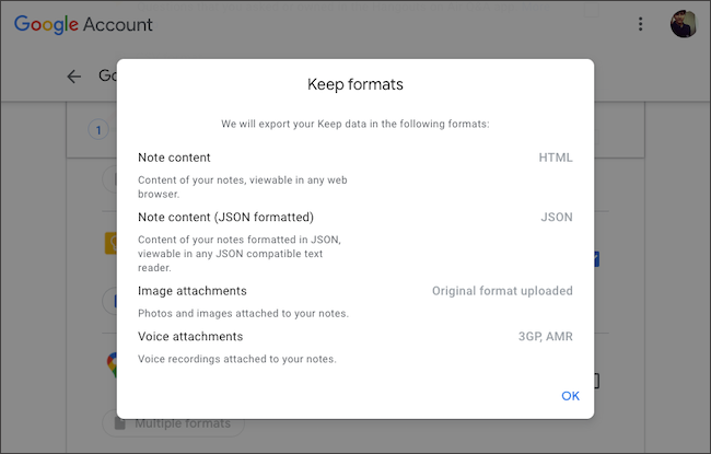 Check Google Keep data export file formats