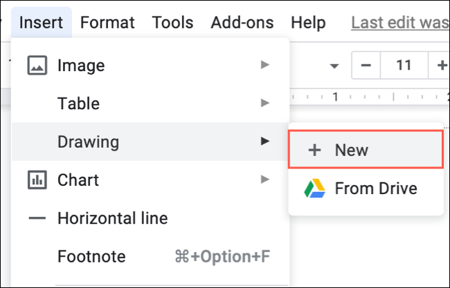 Click Insert, Drawing, New in Google Docs