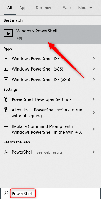 Open Powershell from windows search