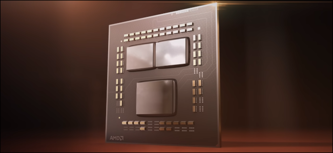 A computer render of the silicon on a Zen 3 CPU on an earth tone background.