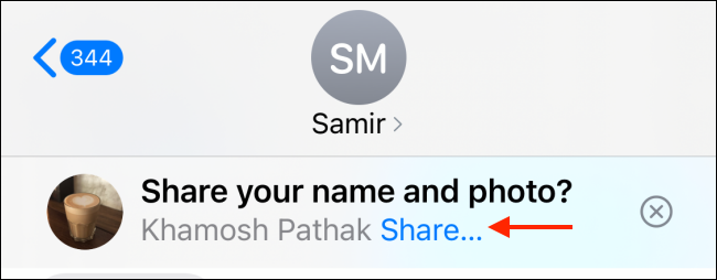 Tap Share to Share Photo and Name in iMessage