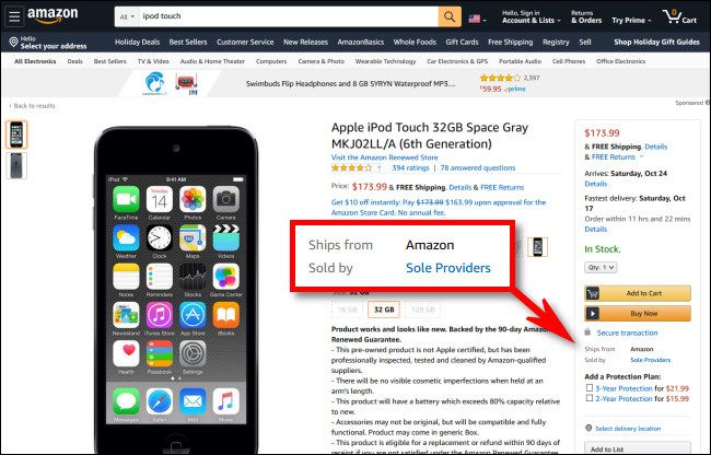 Screenshot of Amazon.com: Ship from Amazon, Sold by Third-Party