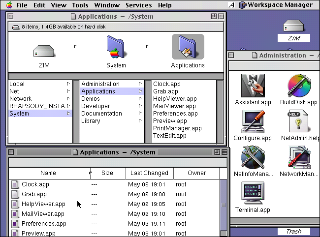 A developer release of Apple Rhapsody shows the transition between OPENSTEP and Mac OS.