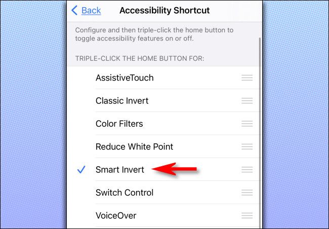 In the accessibility shortcuts list, tap 