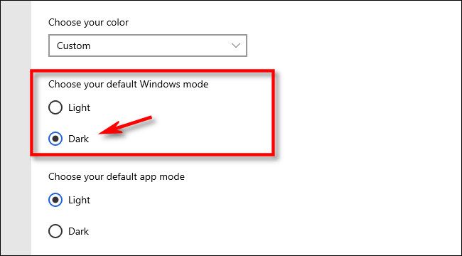 Under "Choose your default Winodws mode," select "Dark."