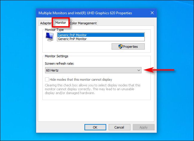In the display adapter settings, click the "Monitor" tab and set the refresh rate.