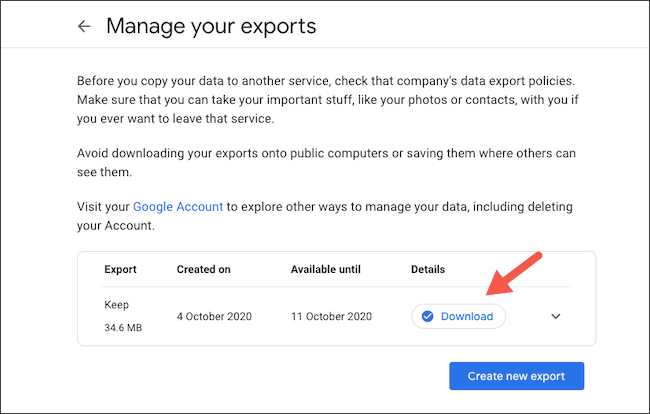 Download Google Keep data export