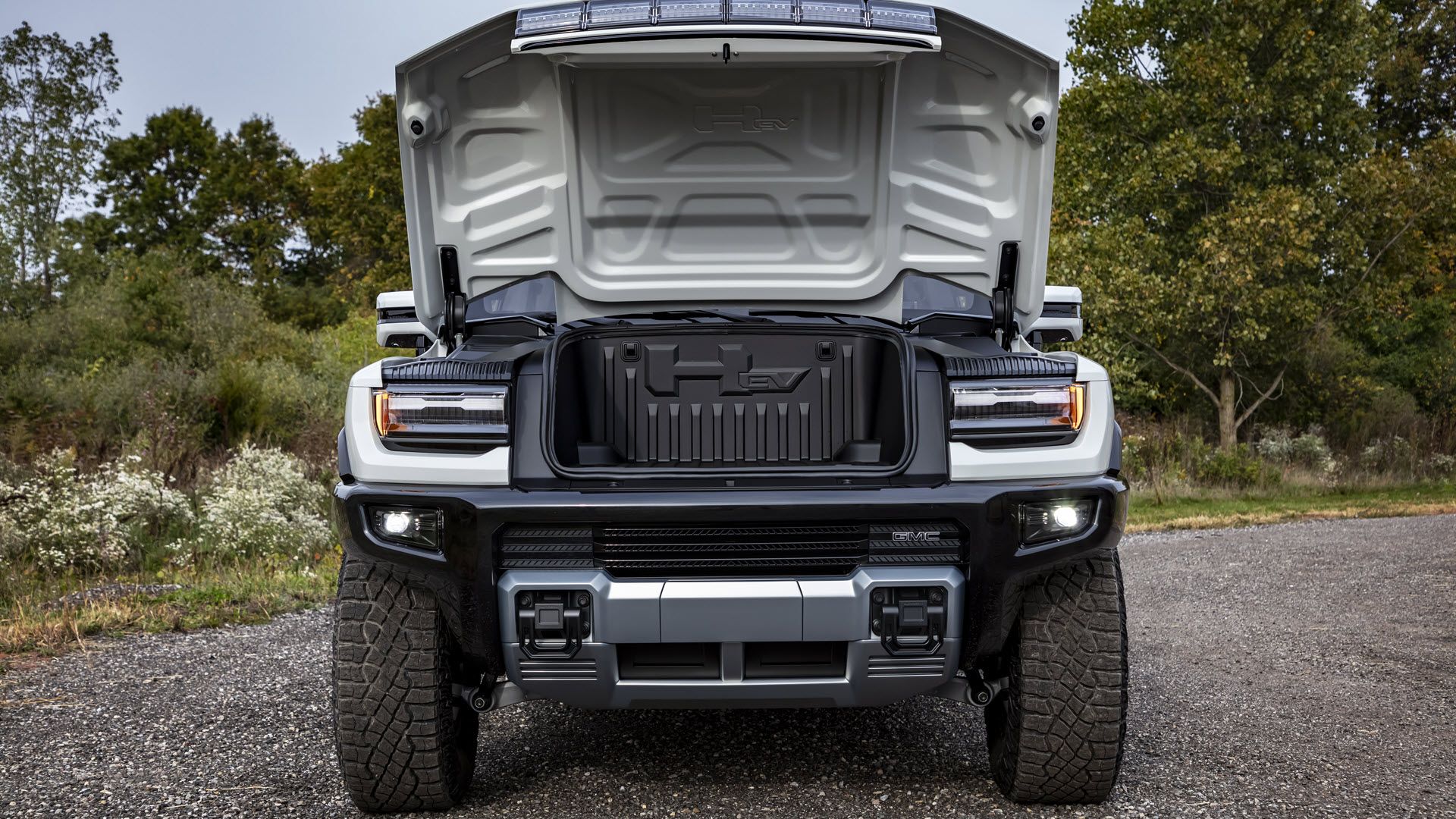 The front hood of the Hummer, opened to reveal a &quot;frunk.&quot;