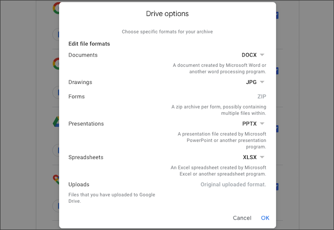 Edit file formats for Google Drive data export