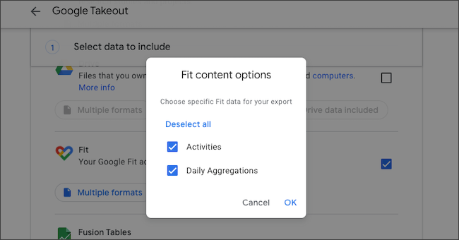 Google Fit data export options