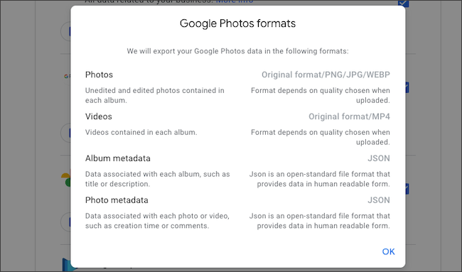 Check file formats of Google Photos data export