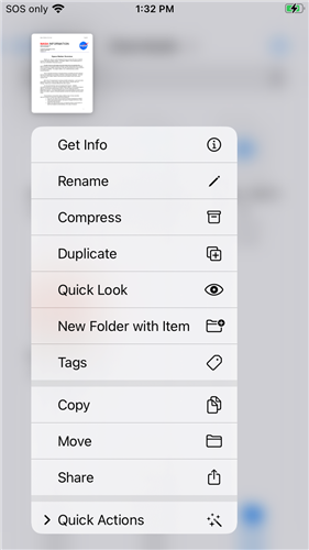 Long-press a file to display a context menu with additional options.