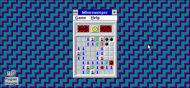A screenshot of a failed Minesweeper game in Windows 3.11