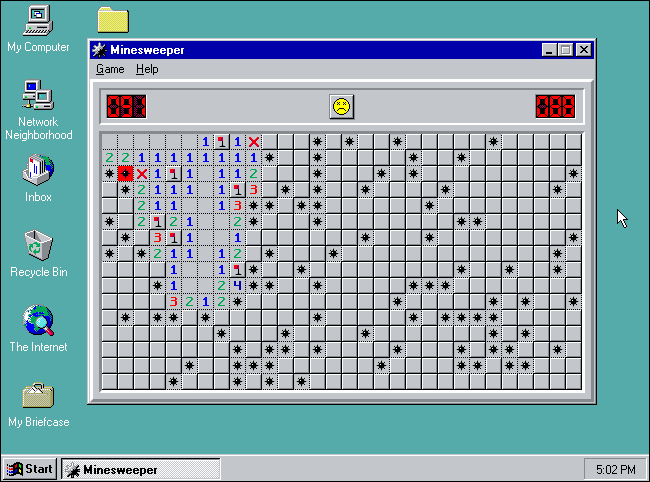 A screenshot of Minesweeper on Expert mode in Windows 95.
